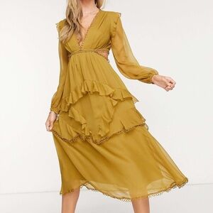 ASOS Mustard Ruffle Tiered Midi Dress with Lace Trim